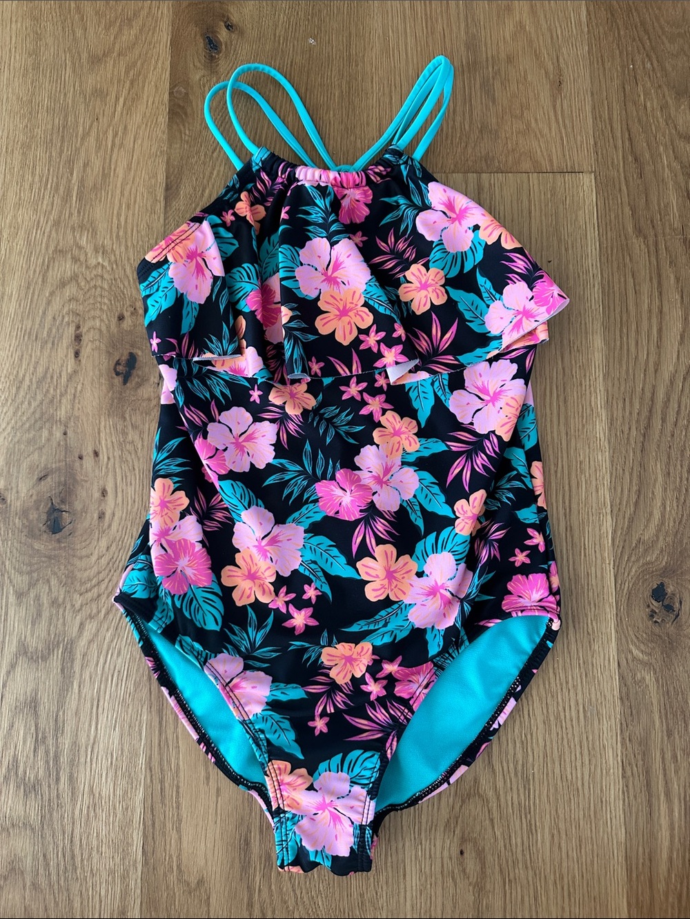 wonder nation Black One-Piece Swimsuit with Pink & Teal Floral Print